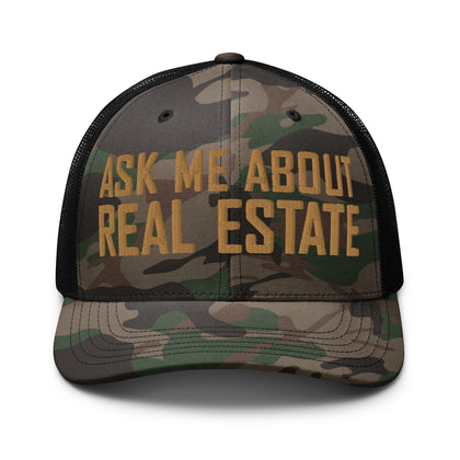 Ask Me About Real Estate Camouflage Trucker Hat | Old Gold Thread