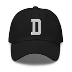 D Alphabet Varsity Letter Embroidered Dad Hat | White Thread