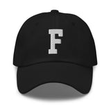 F Alphabet Varsity Letter Embroidered Dad Hat | White Thread