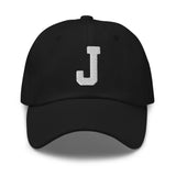 J Alphabet Varsity Letter Embroidered Dad Hat | White Thread