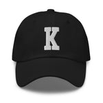 K Alphabet Varsity Letter Embroidered Dad Hat | White Thread