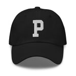 P Alphabet Varsity Letter Embroidered Dad Hat | White Thread