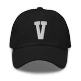 V Alphabet Varsity Letter Embroidered Dad Hat | White Thread