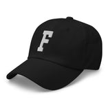 F Alphabet Varsity Letter Embroidered Dad Hat | White Thread