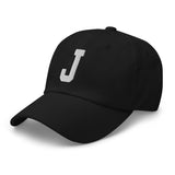 J Alphabet Varsity Letter Embroidered Dad Hat | White Thread