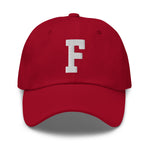 F Alphabet Varsity Letter Embroidered Dad Hat | White Thread