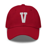 V Alphabet Varsity Letter Embroidered Dad Hat | White Thread