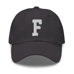 F Alphabet Varsity Letter Embroidered Dad Hat | White Thread