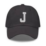 J Alphabet Varsity Letter Embroidered Dad Hat | White Thread