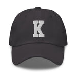 K Alphabet Varsity Letter Embroidered Dad Hat | White Thread