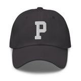 P Alphabet Varsity Letter Embroidered Dad Hat | White Thread