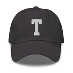 T Alphabet Varsity Letter Embroidered Dad Hat | White Thread