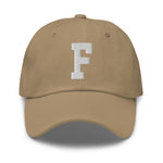 F Alphabet Varsity Letter Embroidered Dad Hat | White Thread