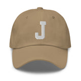 J Alphabet Varsity Letter Embroidered Dad Hat | White Thread