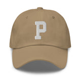 P Alphabet Varsity Letter Embroidered Dad Hat | White Thread