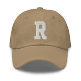 R Alphabet Varsity Letter Embroidered Dad Hat | White Thread