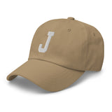 J Alphabet Varsity Letter Embroidered Dad Hat | White Thread