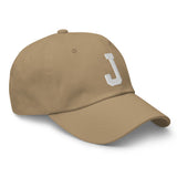 J Alphabet Varsity Letter Embroidered Dad Hat | White Thread