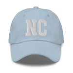 NC North Carolina Embroidered Dad Hat | White Thread | State Initials Varsity Letter