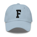 F Alphabet Varsity Letter Embroidered Dad Hat | Black Thread