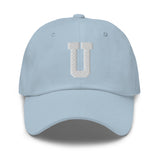 U Alphabet Varsity Letter Embroidered Dad Hat | White Thread