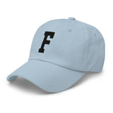 F Alphabet Varsity Letter Embroidered Dad Hat | Black Thread