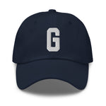 G Alphabet Varsity Letter Embroidered Dad Hat | White Thread