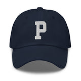 P Alphabet Varsity Letter Embroidered Dad Hat | White Thread