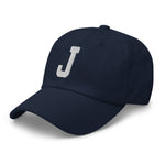 J Alphabet Varsity Letter Embroidered Dad Hat | White Thread