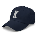 K Alphabet Varsity Letter Embroidered Dad Hat | White Thread