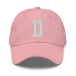 D Alphabet Varsity Letter Embroidered Dad Hat | White Thread