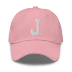 J Alphabet Varsity Letter Embroidered Dad Hat | White Thread