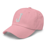 J Alphabet Varsity Letter Embroidered Dad Hat | White Thread