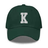 K Alphabet Varsity Letter Embroidered Dad Hat | White Thread