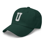 U Alphabet Varsity Letter Embroidered Dad Hat | White Thread