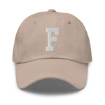 F Alphabet Varsity Letter Embroidered Dad Hat | White Thread