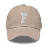 F Alphabet Varsity Letter Embroidered Dad Hat | White Thread