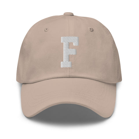 F Alphabet Varsity Letter Embroidered Dad Hat | White Thread