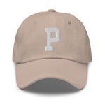 P Alphabet Varsity Letter Embroidered Dad Hat | White Thread