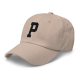 P Alphabet Varsity Letter Embroidered Dad Hat | Black Thread