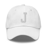 J Alphabet Varsity Letter Embroidered Dad Hat | White Thread