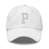 P Alphabet Varsity Letter Embroidered Dad Hat | White Thread