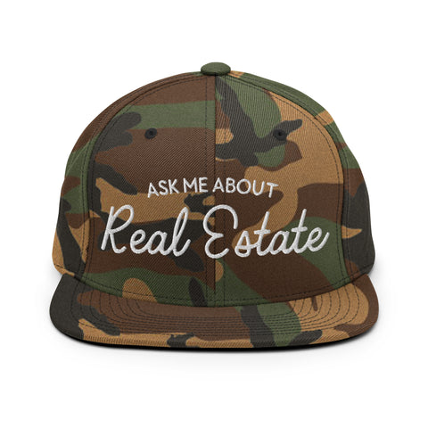 Ask Me About Real Estate Embroidered Snapback Hat | White Thread