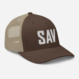 SAV Airport Code Savannah Georgia Hilton Head Island South Carolina Embroidered Trucker Hat Mesh Snapback